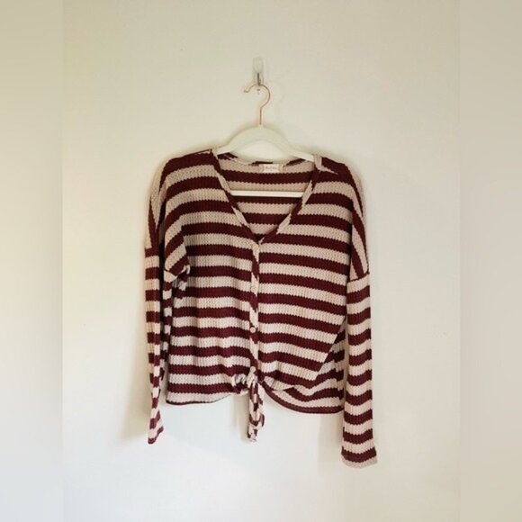 Altard State Waffle Knit Long Sleeve Tie Front Top Brown & Tan Stripes Size S - Picture 1 of 7